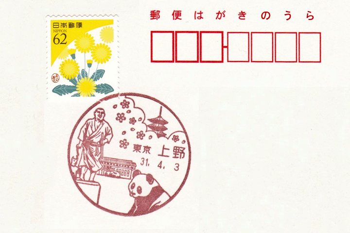 上野郵便局の風景印 ハガキのウラの郵便情報